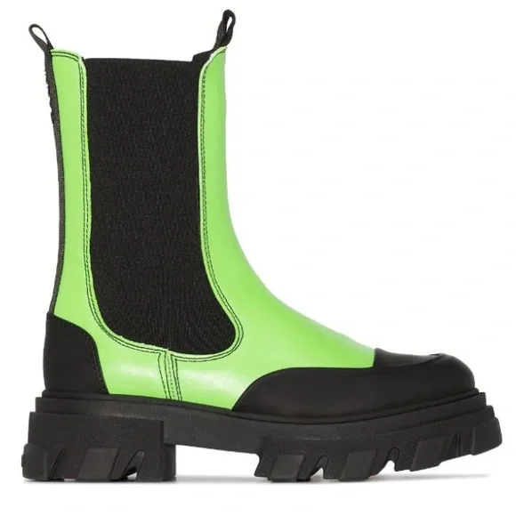 Like NEW Ganni Calf Leather Mid Chelsea Boot Neon Lime Green Chunky Lug … - Picture 5 of 9